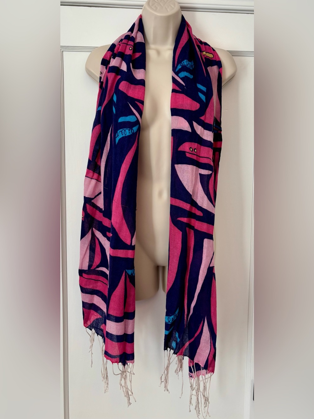 Lilly Pulitzer Murfee Scarf Booze Cruise Pink Navy Silk Cashmere Fringe